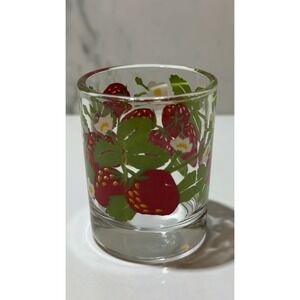 Vintage Strawberry Small Shot Glass Red Berries White Flowers Clear 2.75in